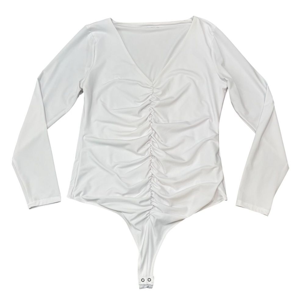 Abercrombie & Fitch White Ruched V-Neck Long Sleeve Bodysuit Size XL